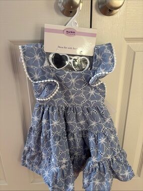 Blueberi Boulevard Light Blue Eyelet Dress with White Trim and Sunglasses